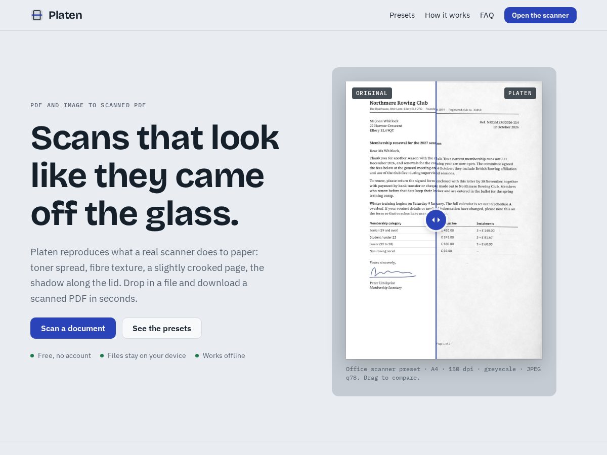 Landing-page snapshot of platen.page