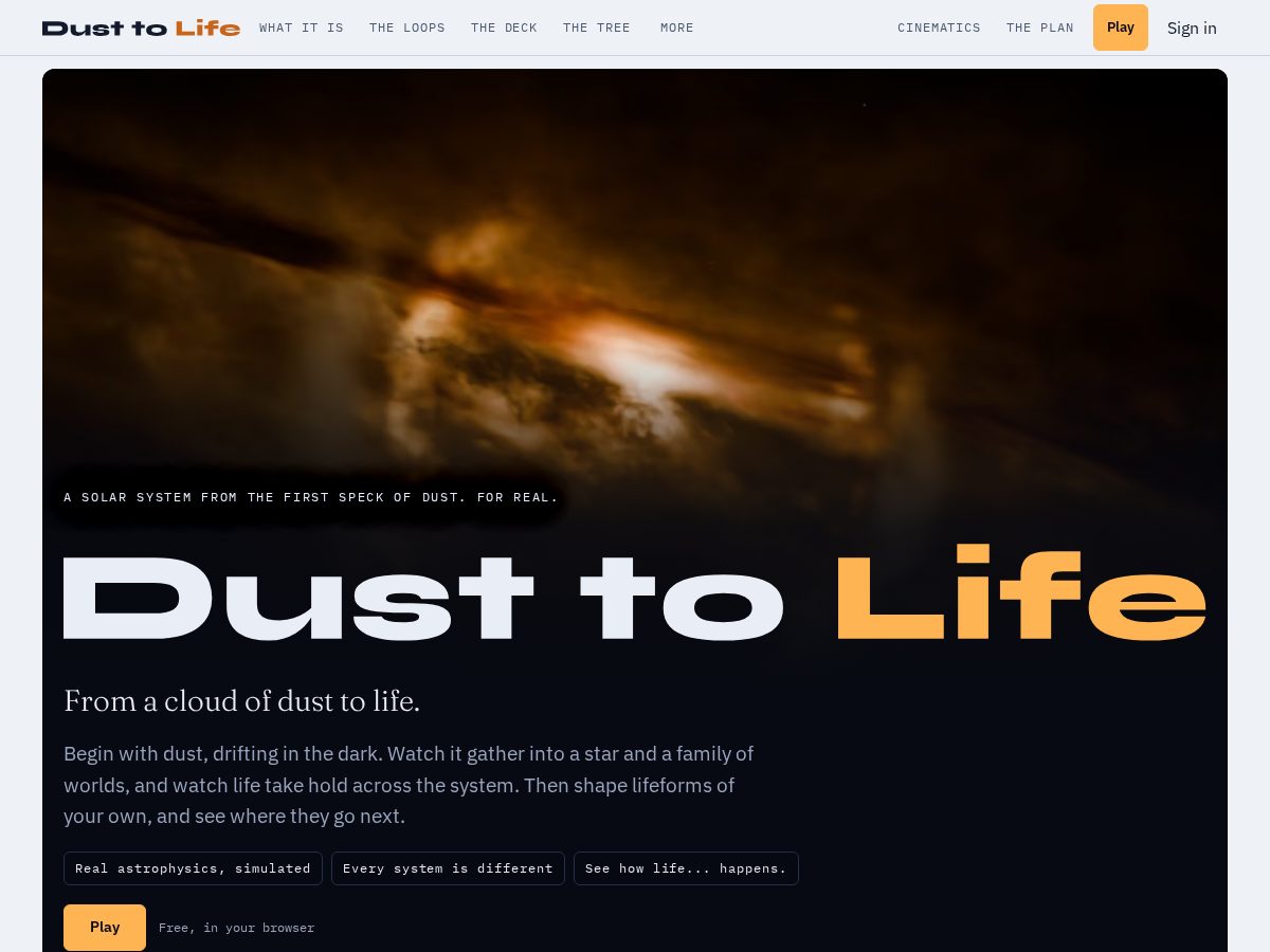 Landing-page snapshot of playdusttolife.com