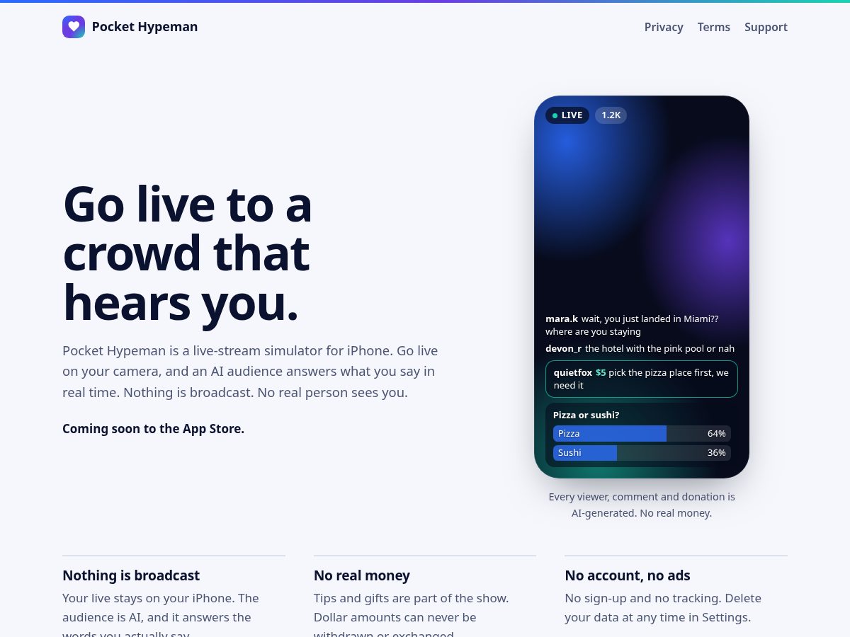 Landing-page snapshot of pockethypeman.com