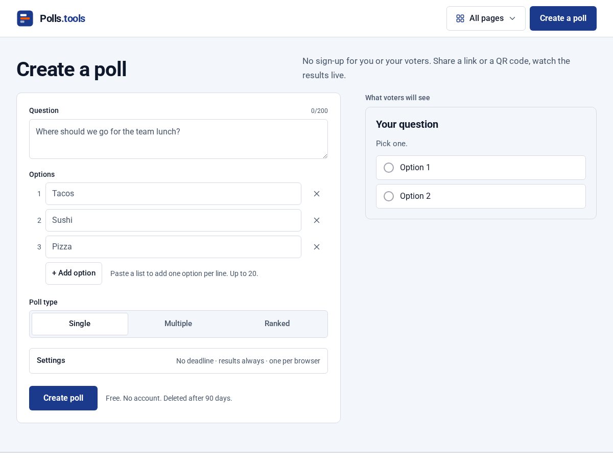 Landing-page snapshot of polls.tools