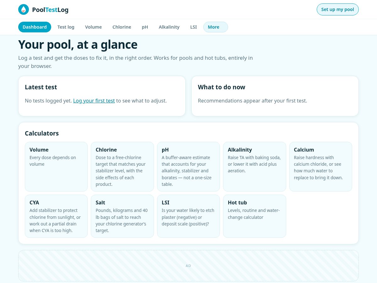 Landing-page snapshot of pooltestlog.com