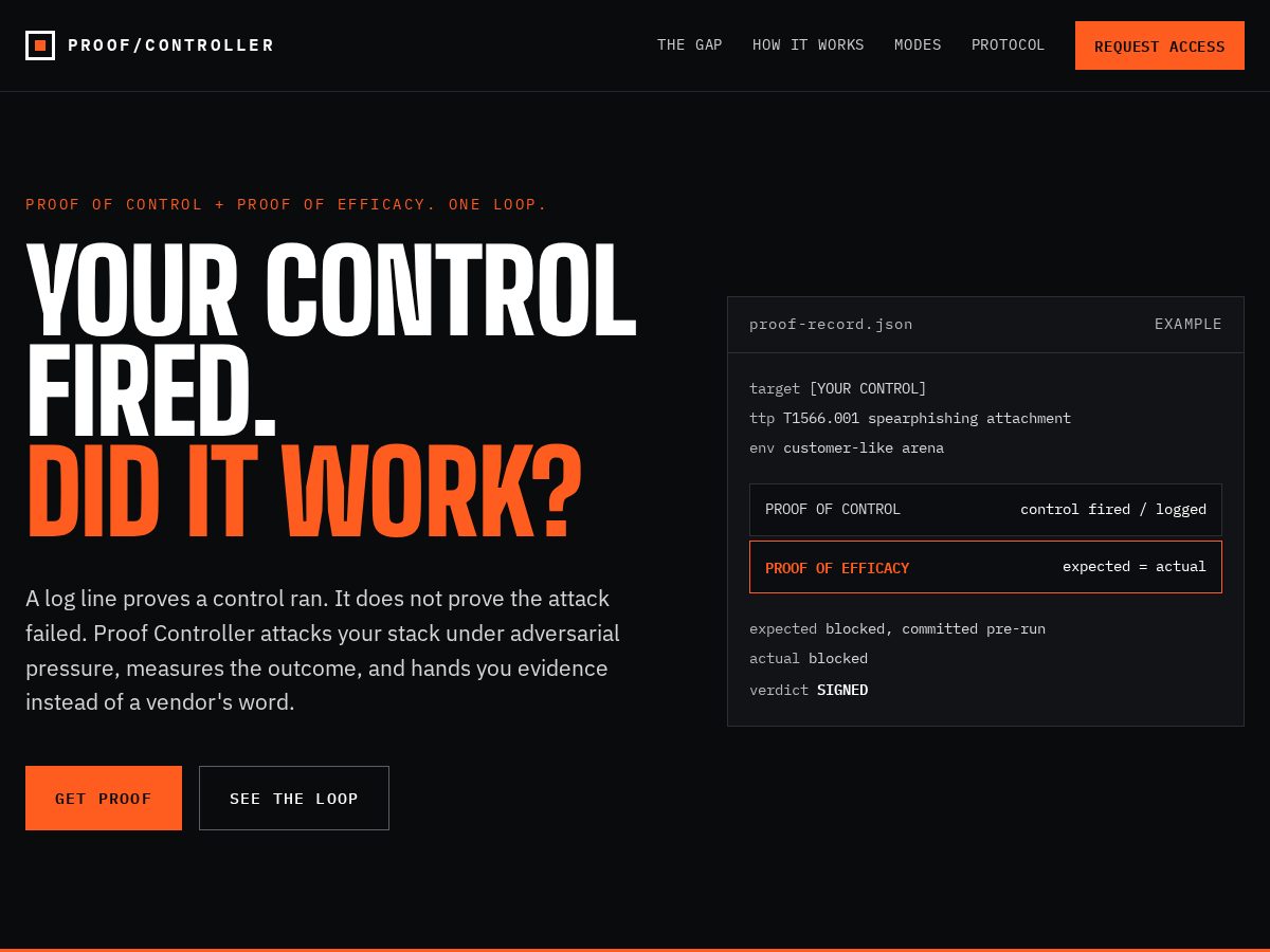 Landing-page snapshot of proofcontroller.com