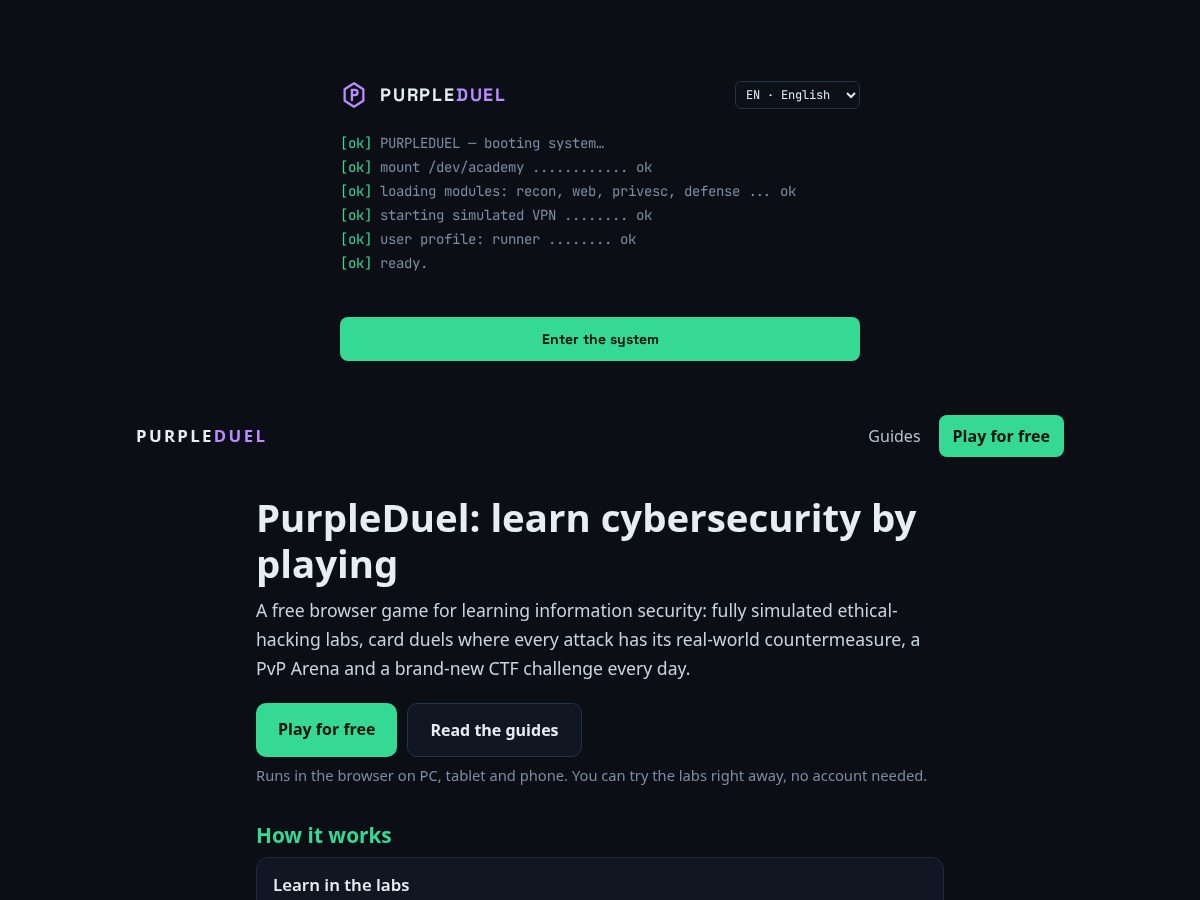 Landing-page snapshot of purpleduel.com