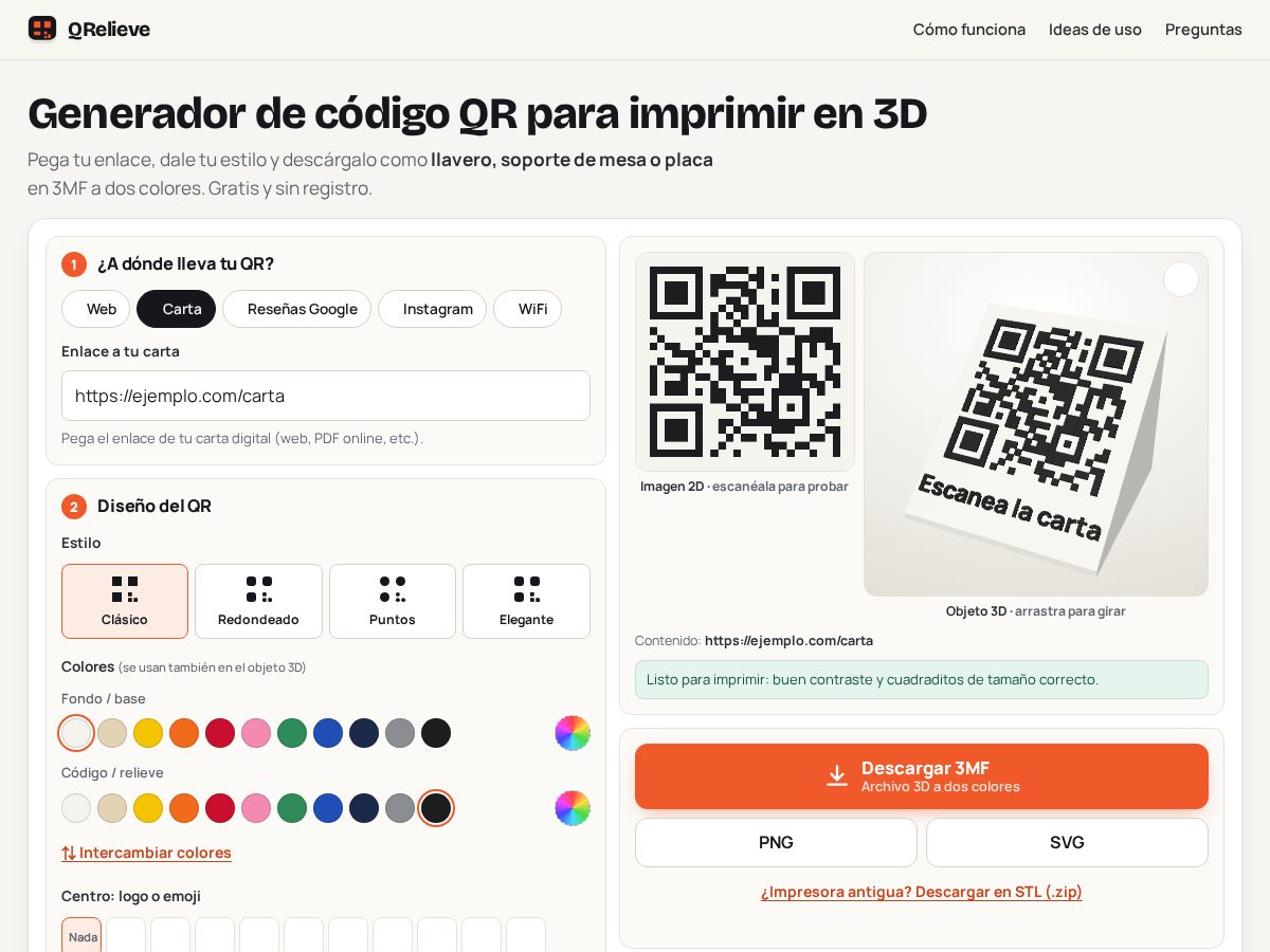 Landing-page snapshot of qrelieve3d.com