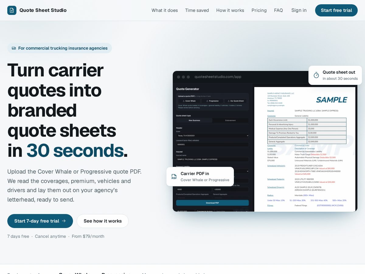 Landing-page snapshot of quotesheetstudio.com