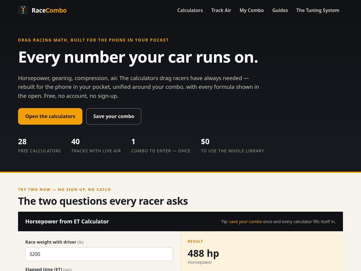 Landing-page snapshot of racecombo.com