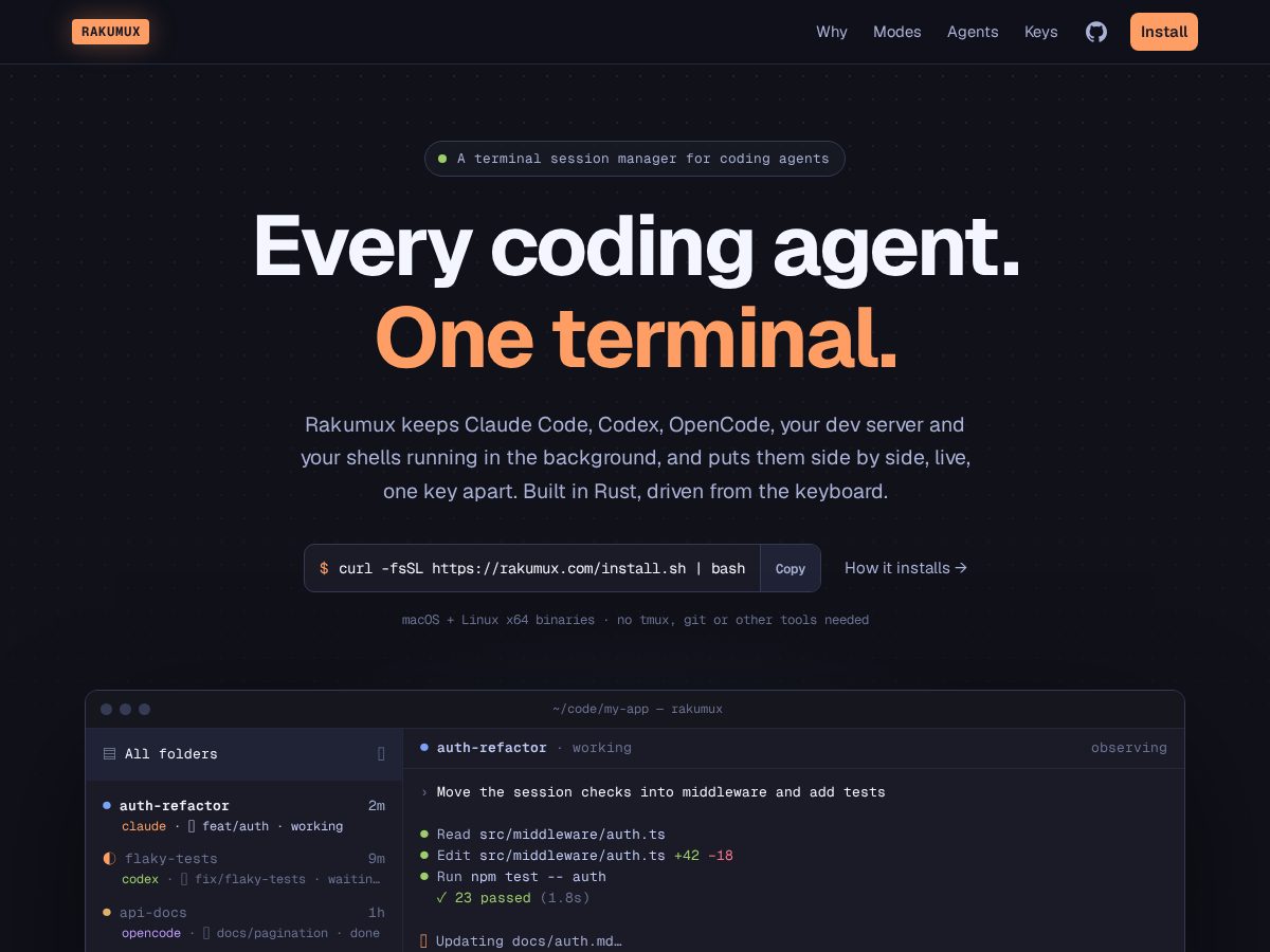 Landing-page snapshot of rakumux.com