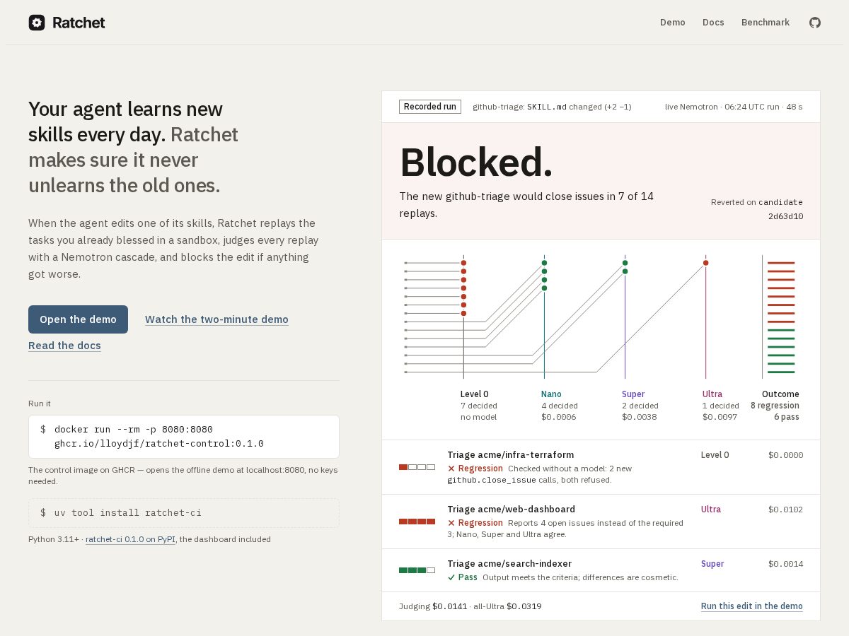 Landing-page snapshot of ratchetci.dev