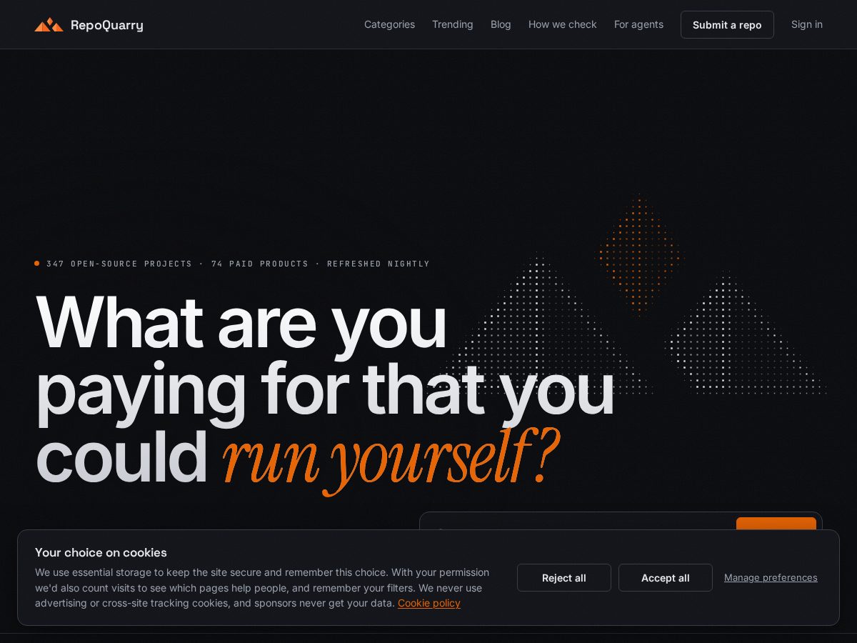 Landing-page snapshot of repoquarry.dev
