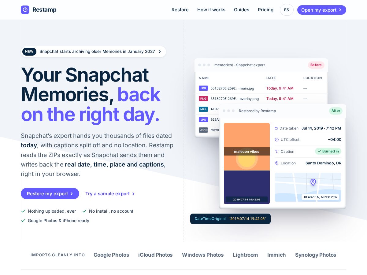 Landing-page snapshot of restamp.fyi