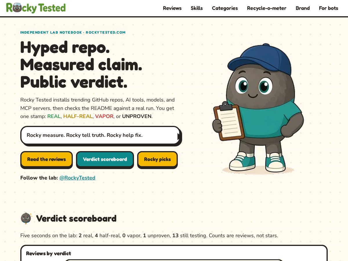 Landing-page snapshot of rockytested.com