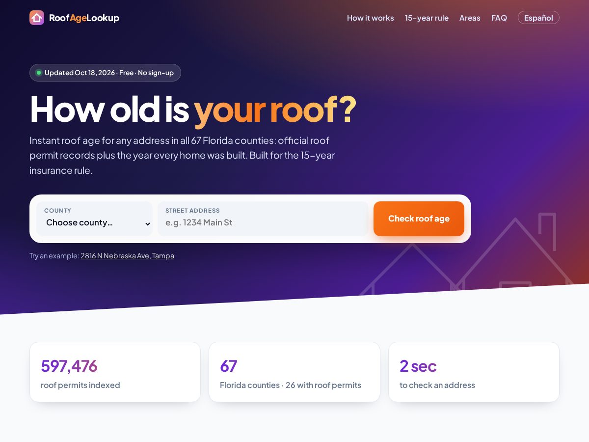 Landing-page snapshot of roofagelookup.com
