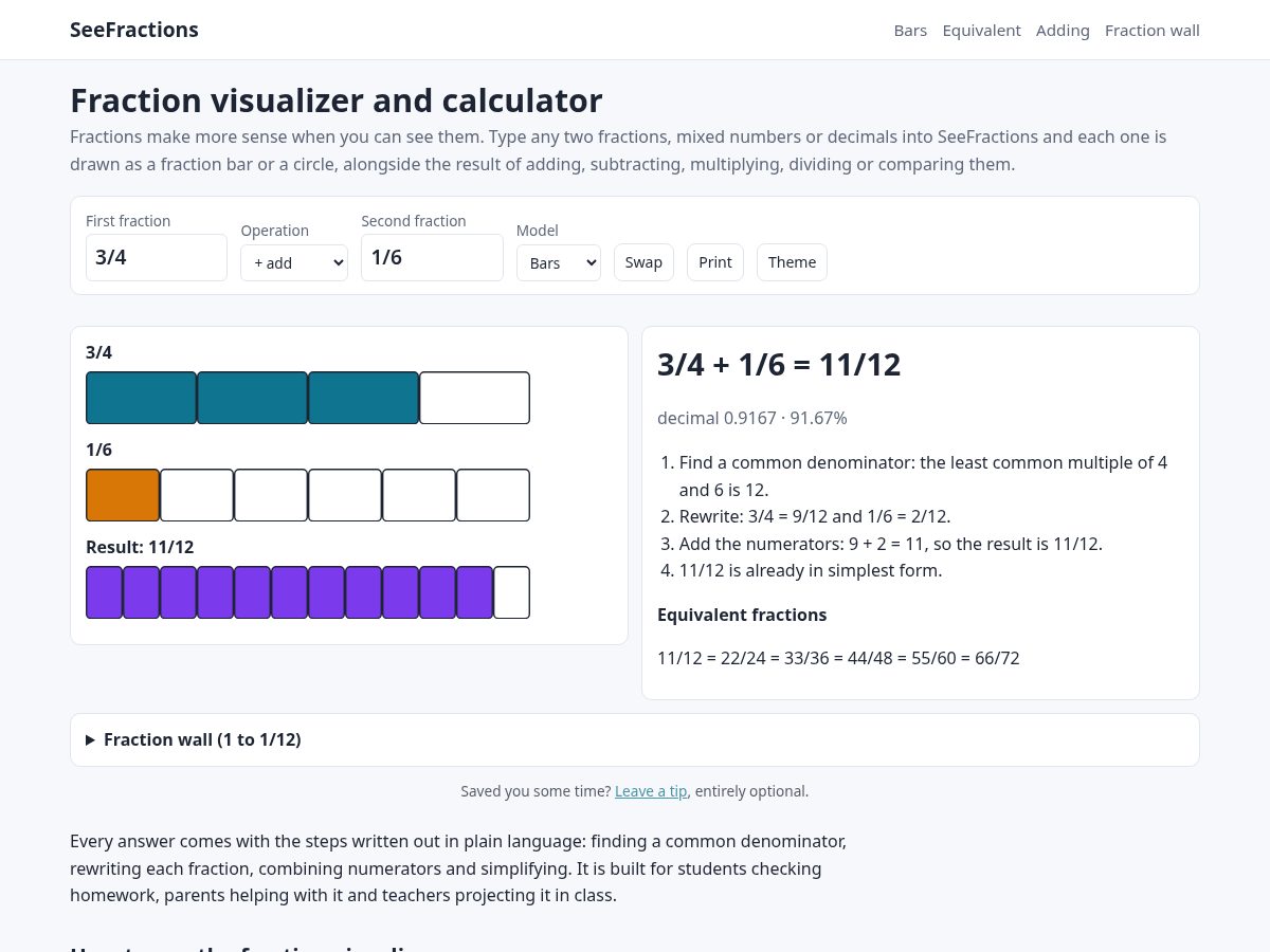 Landing-page snapshot of seefractions.com