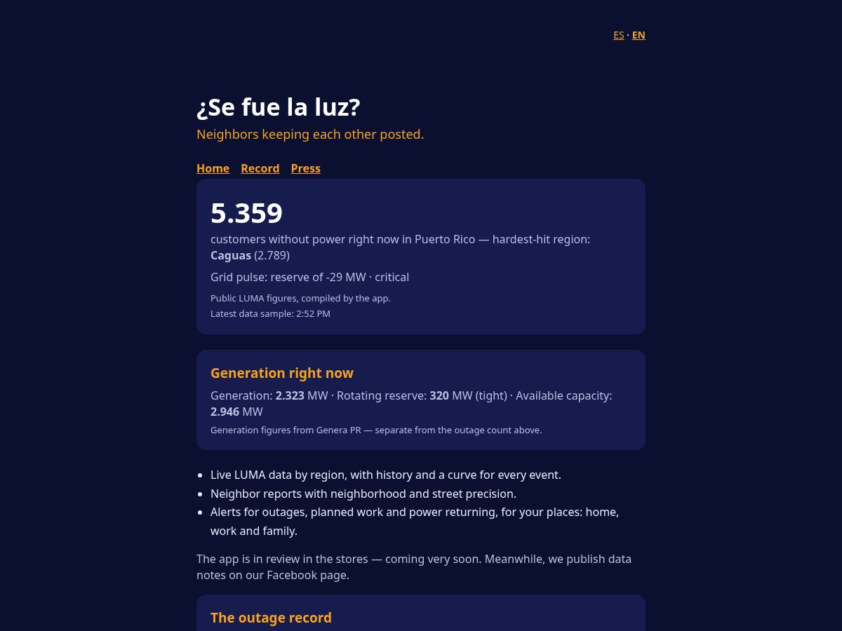 Landing-page snapshot of sefuelaluzpr.com