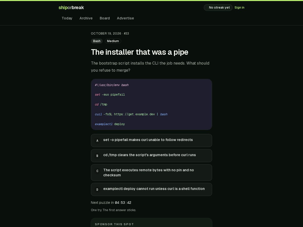 Landing-page snapshot of shiporbreak.dev