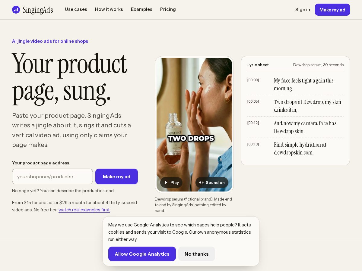 Landing-page snapshot of singingads.com