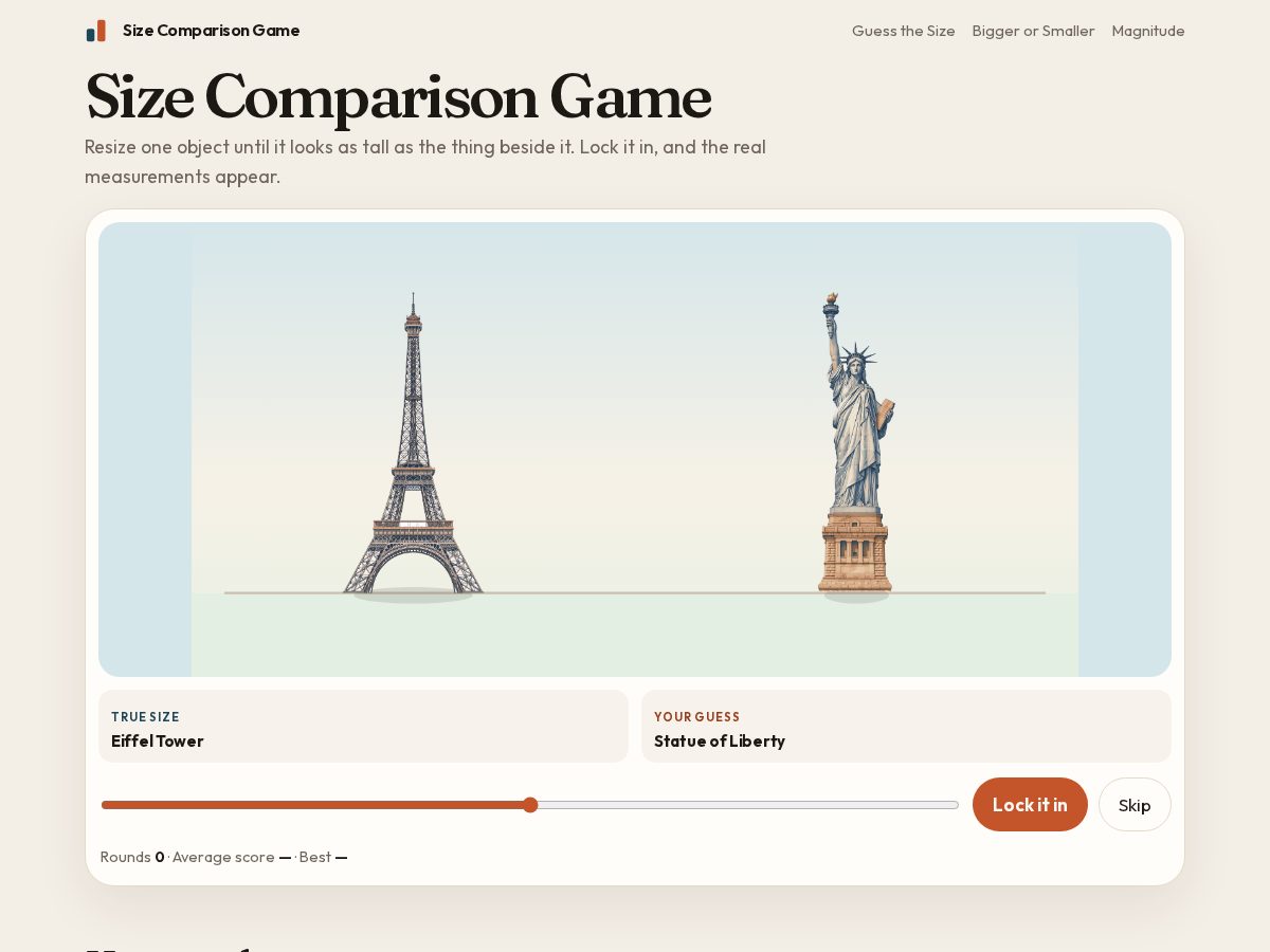 Landing-page snapshot of size-comparison-game.com