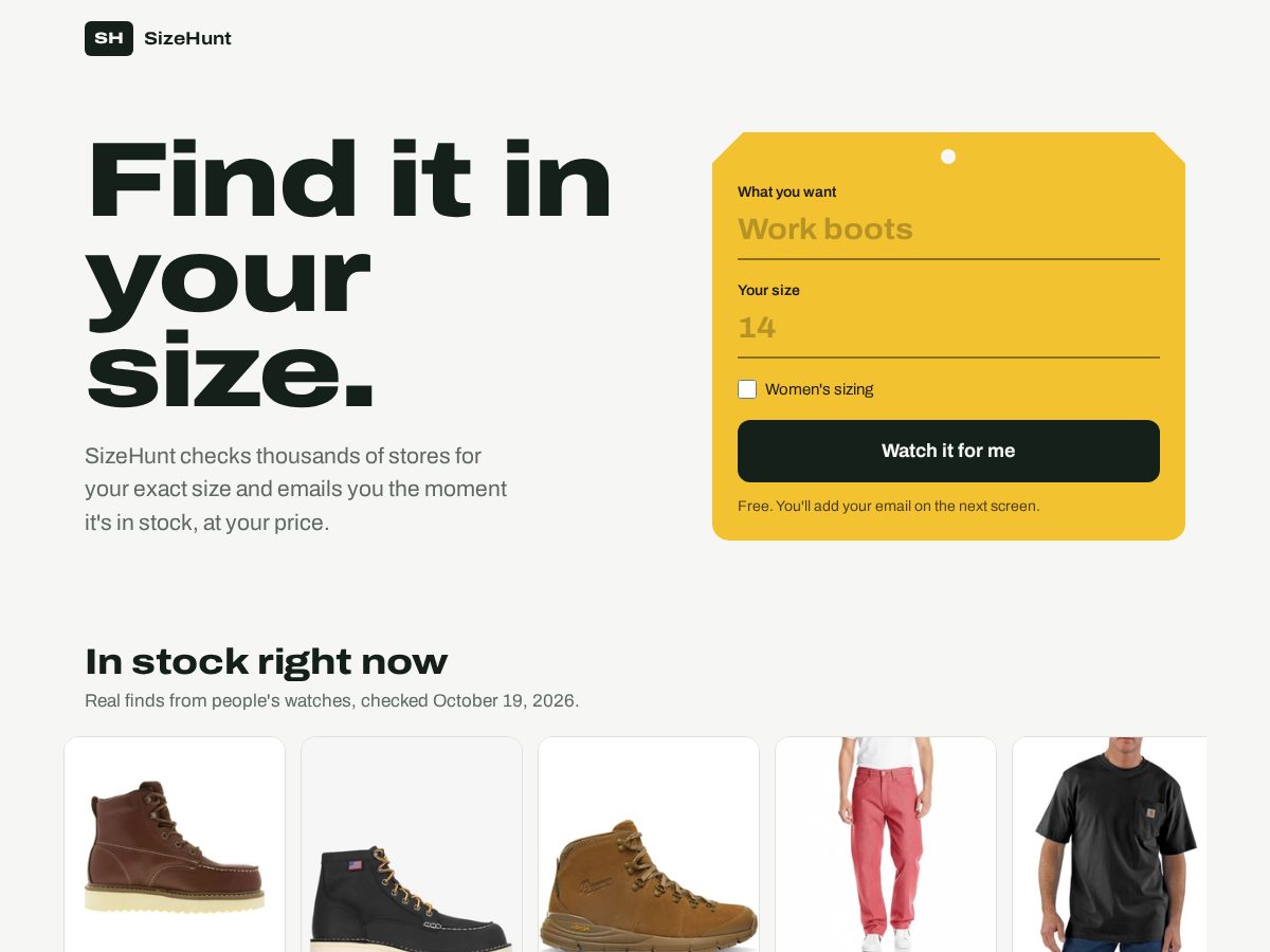 Landing-page snapshot of sizehunt.com