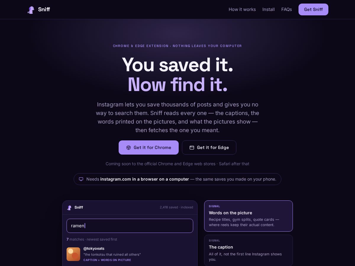 Landing-page snapshot of sniffapp.link
