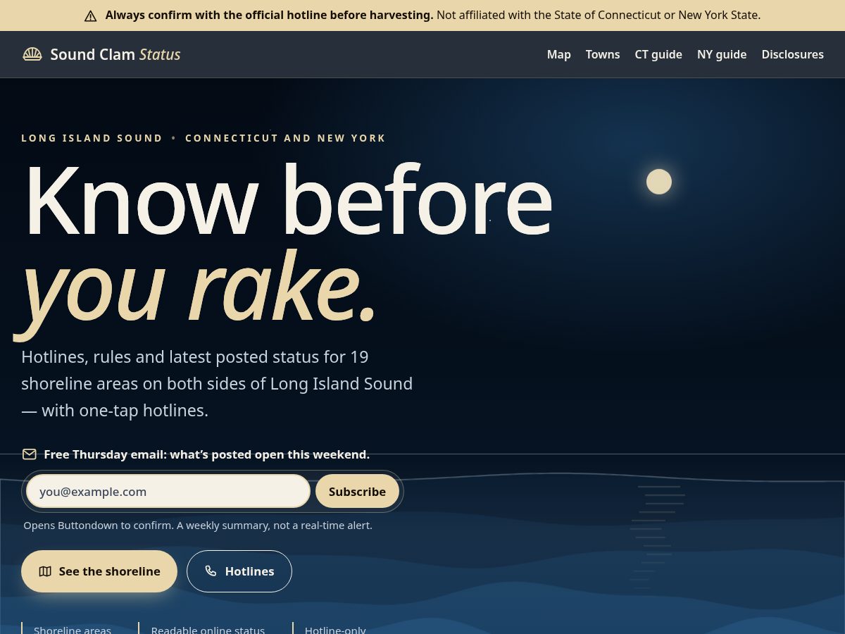Landing-page snapshot of soundclamstatus.com