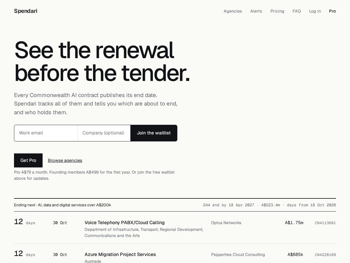 Landing-page snapshot of spendari.com