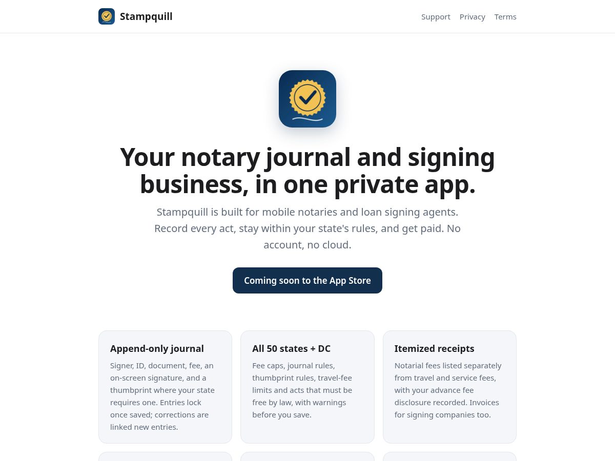 Landing-page snapshot of stampquill.com