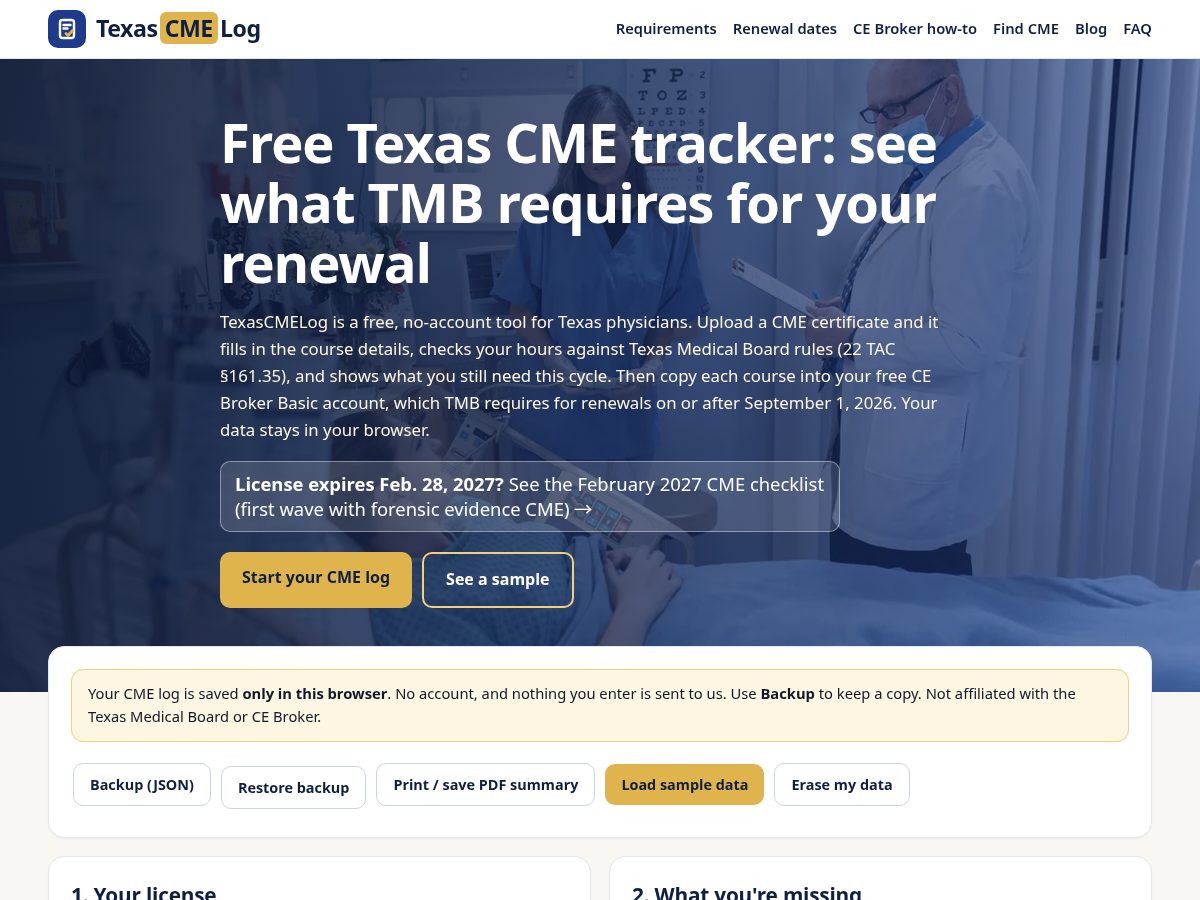 Landing-page snapshot of texascmelog.com