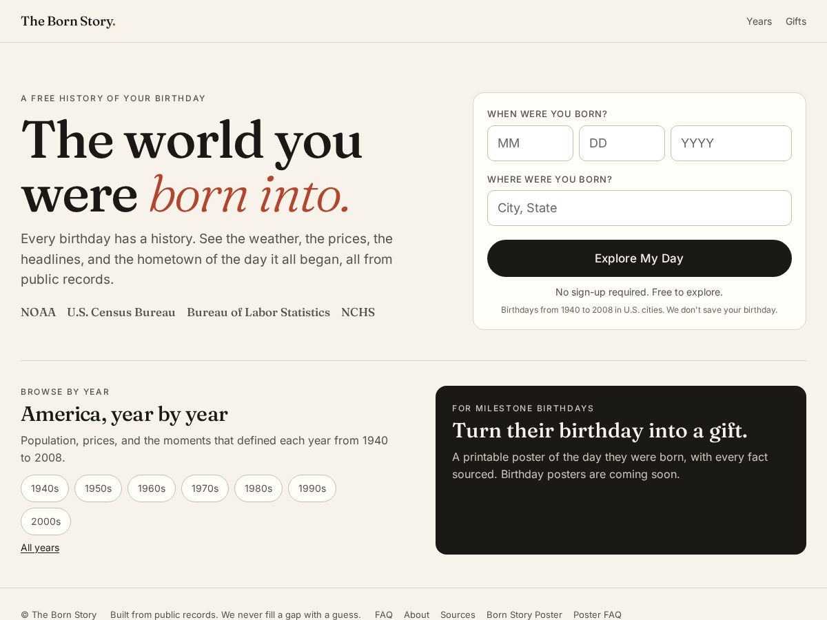 Landing-page snapshot of thebornstory.com