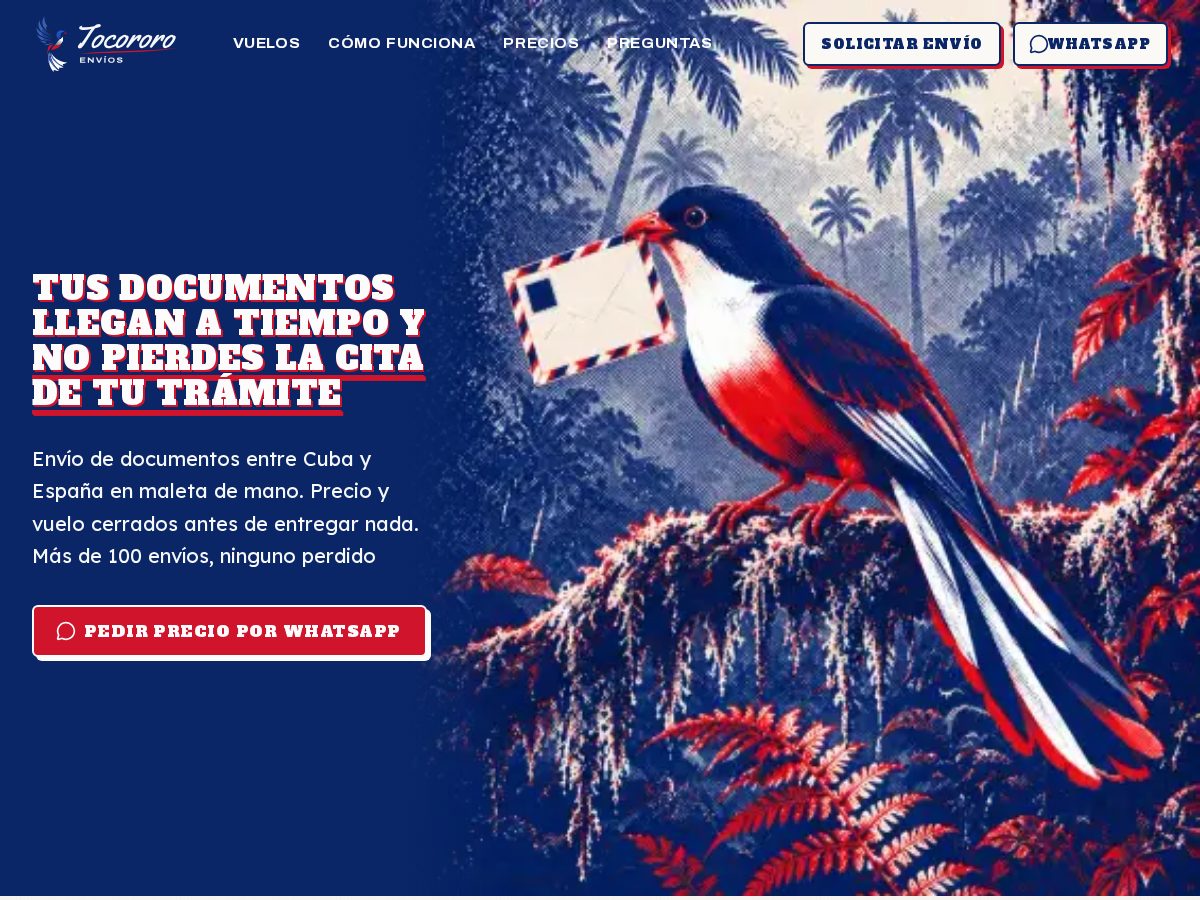 Landing-page snapshot of tocororoenvios.com