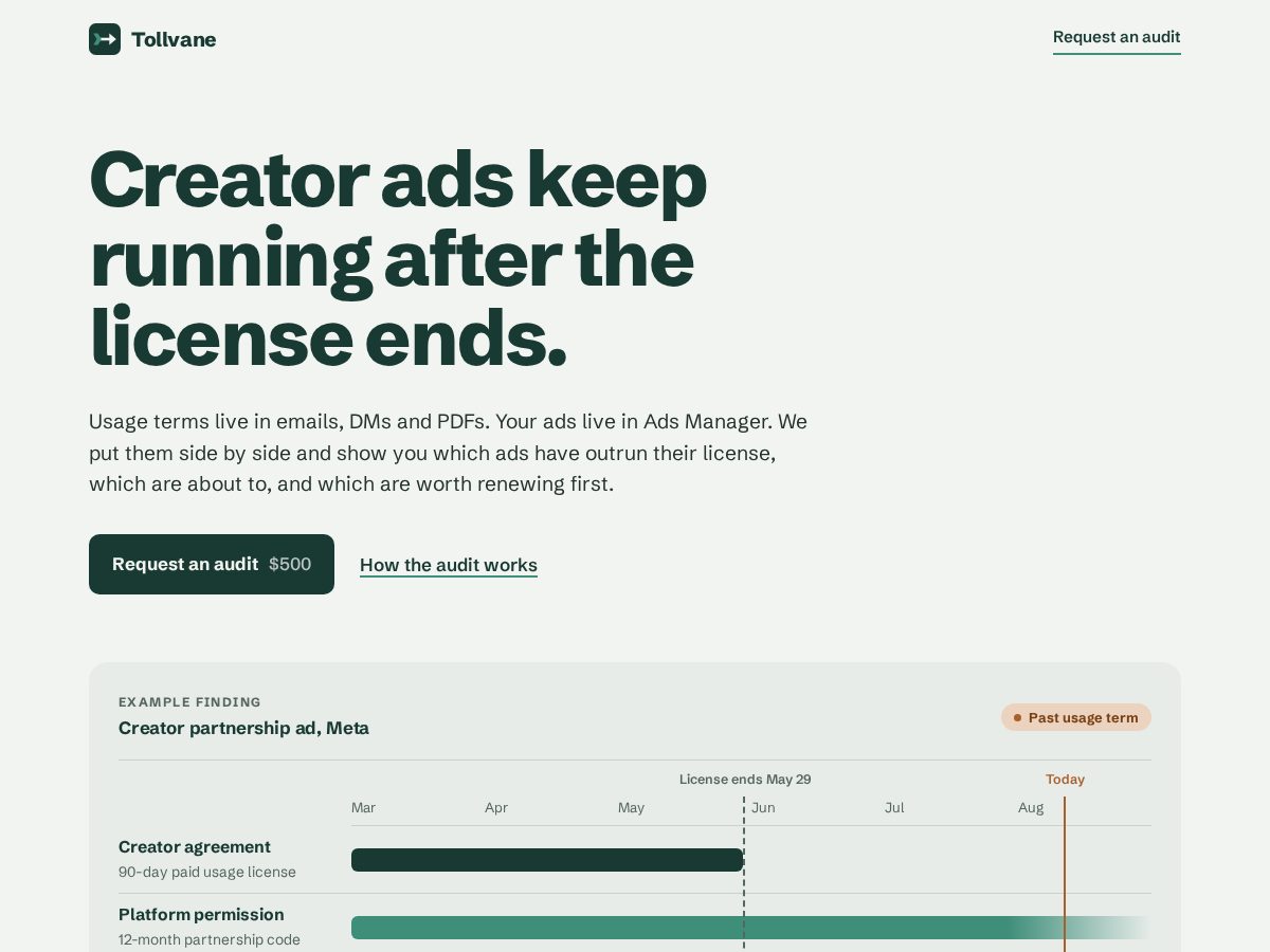 Landing-page snapshot of tollvane.com