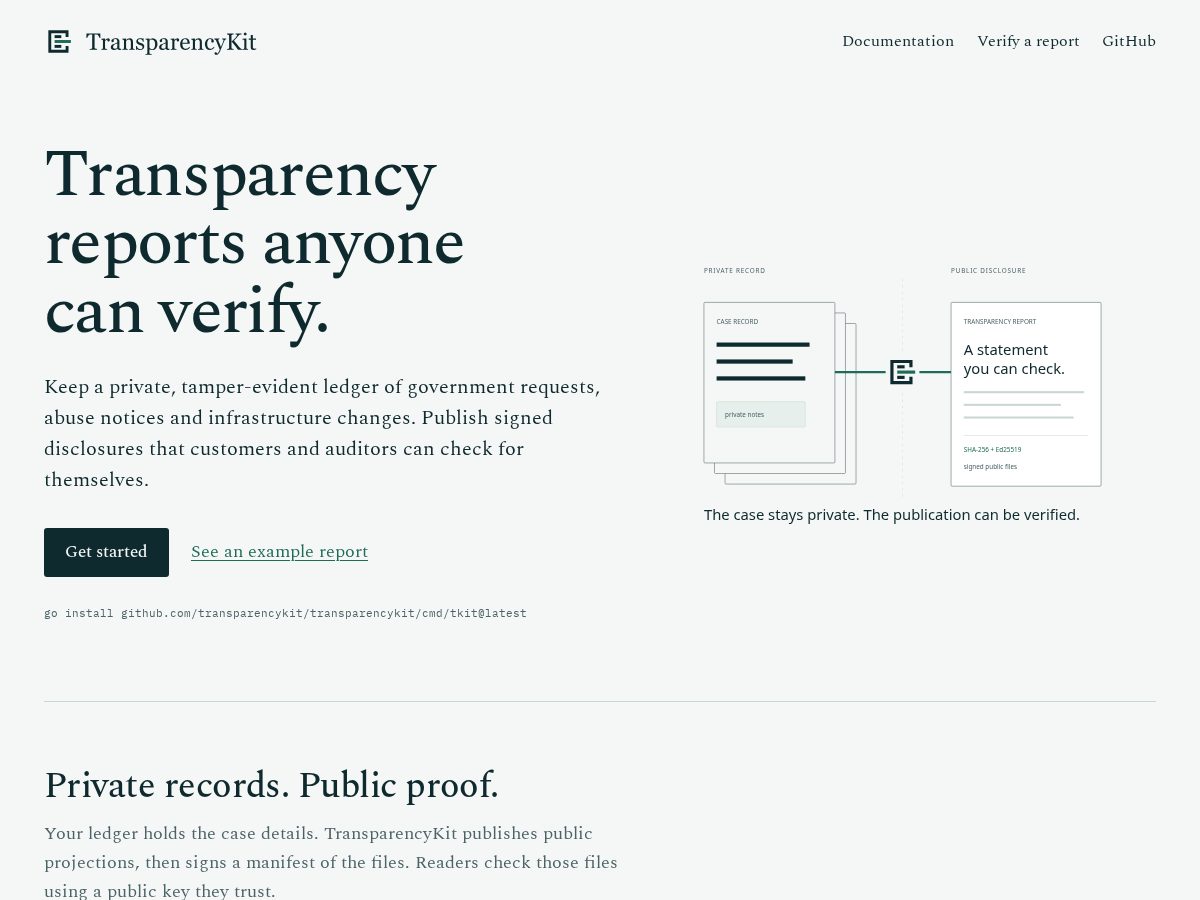 Landing-page snapshot of transparencykit.dev