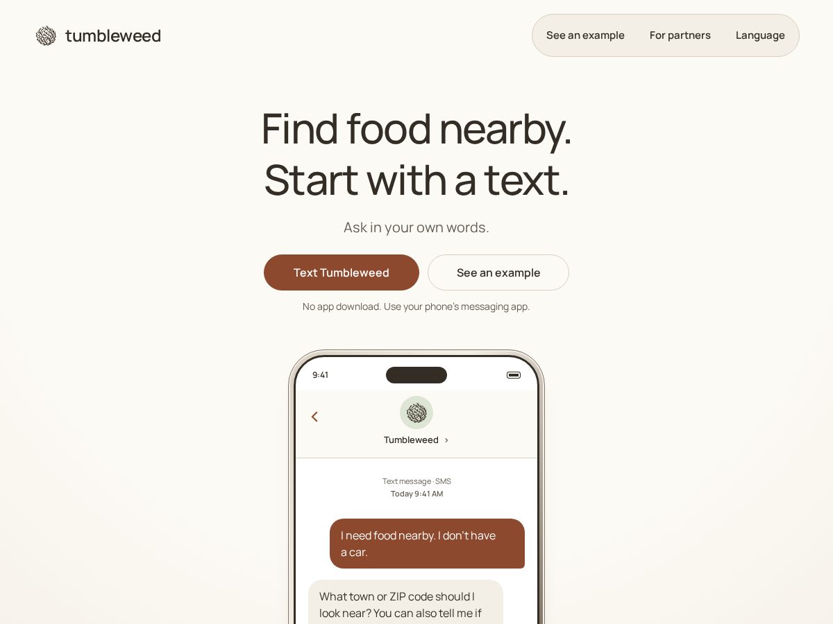 Landing-page snapshot of tumbleweed.health