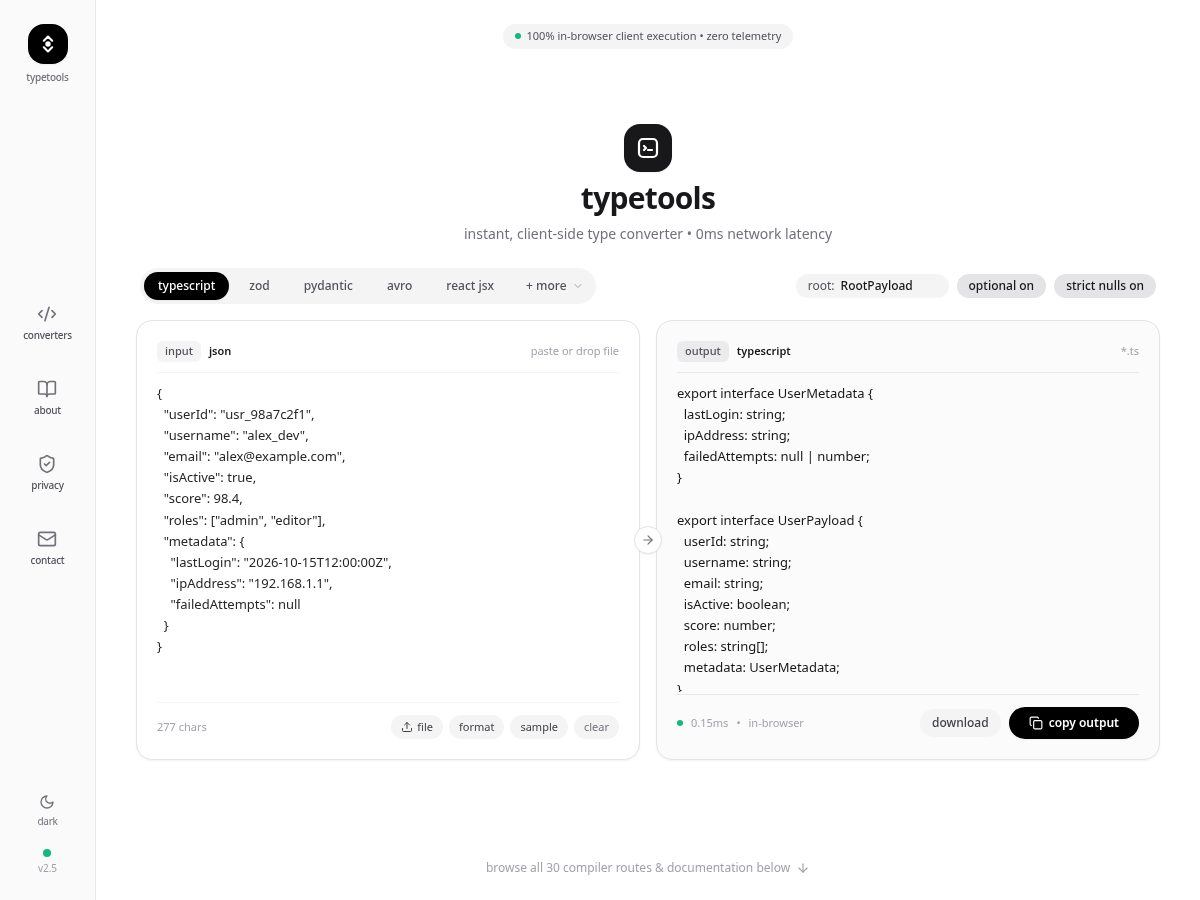 Landing-page snapshot of typetools.dev