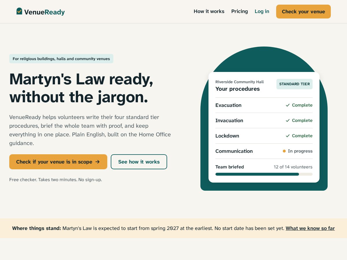 Landing-page snapshot of usevenueready.com