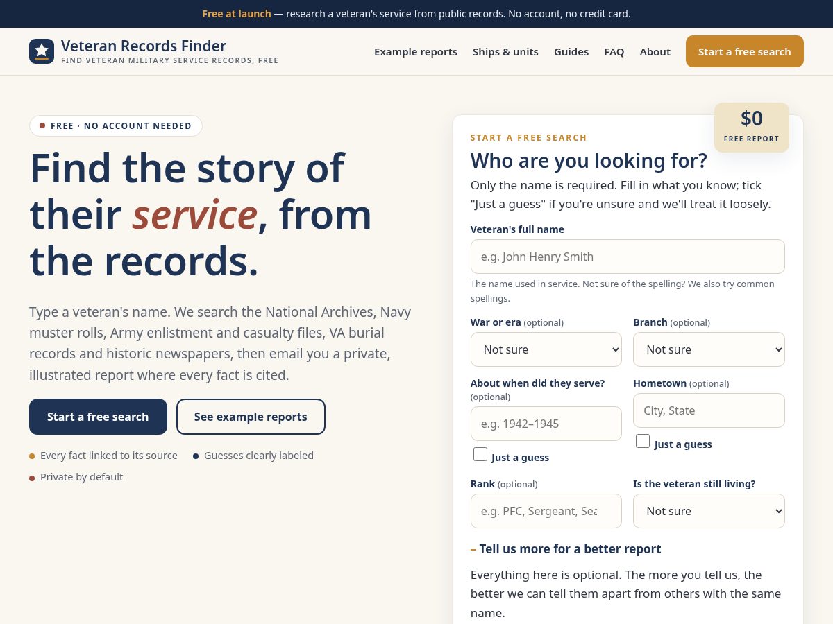 Landing-page snapshot of veteranrecordsfinder.com