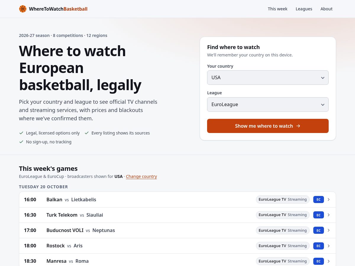 Landing-page snapshot of wheretowatchbasketball.com