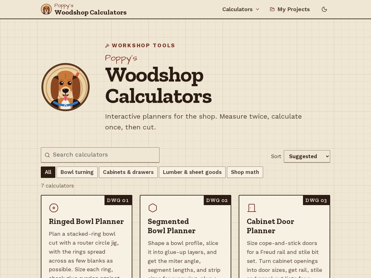 Landing-page snapshot of woodshopcalculators.com