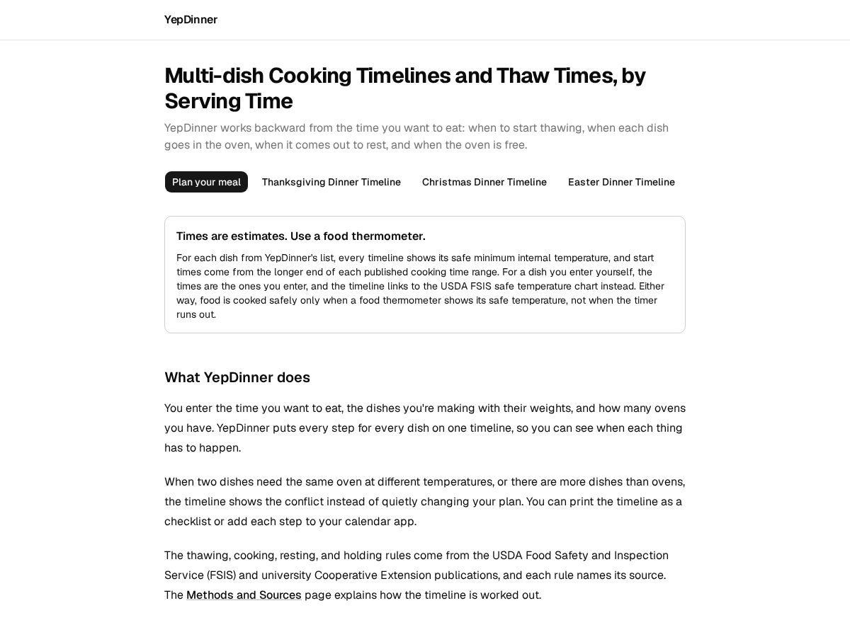 Landing-page snapshot of yepdinner.com