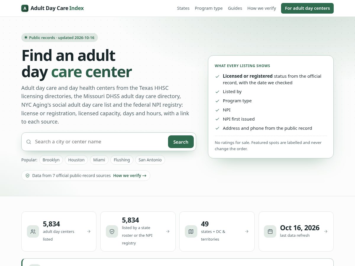 Landing-page snapshot of adultdaycareindex.com