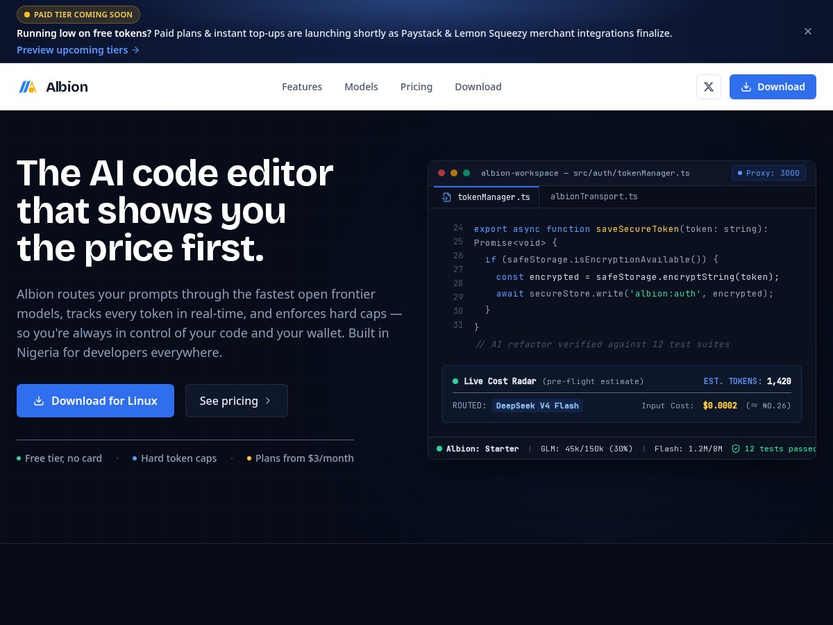 Landing-page snapshot of albionide.com