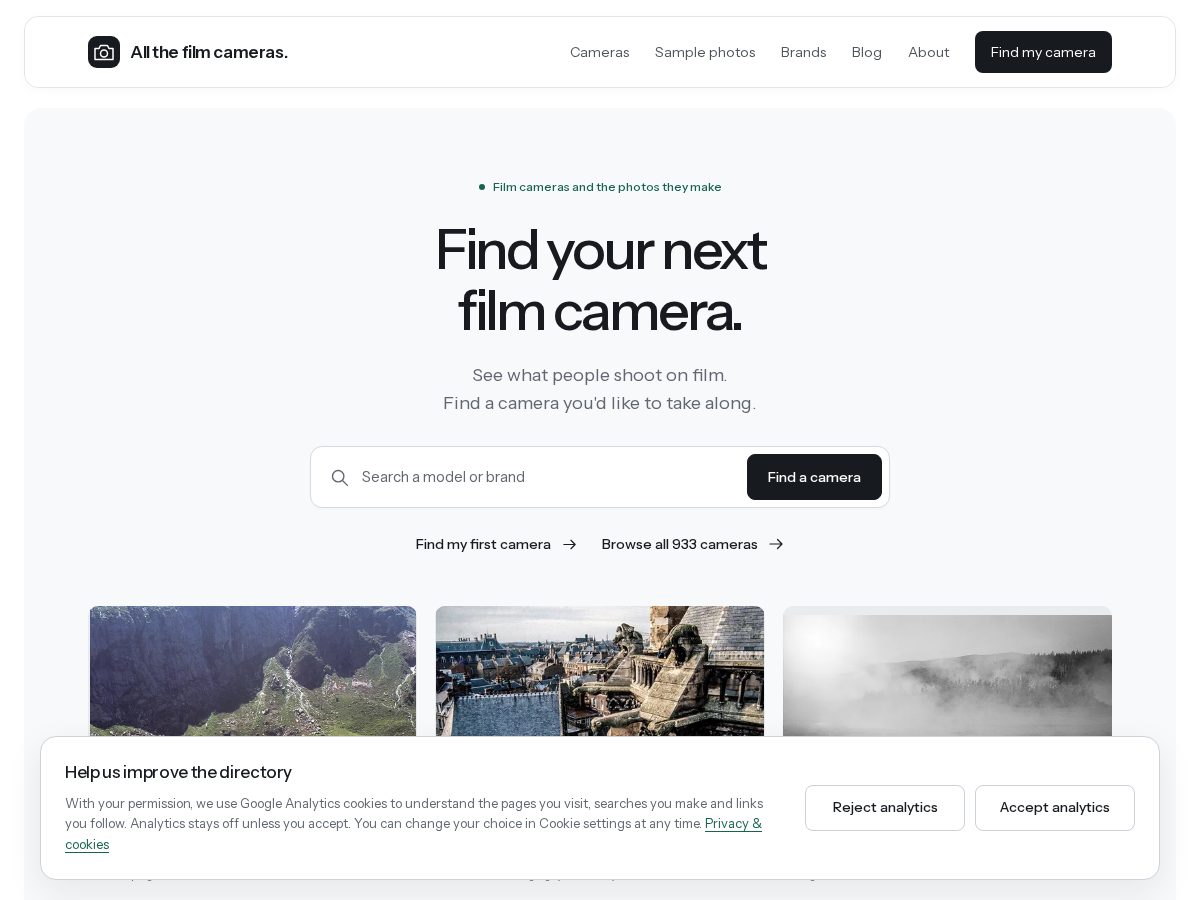 Landing-page snapshot of allthefilmcameras.com