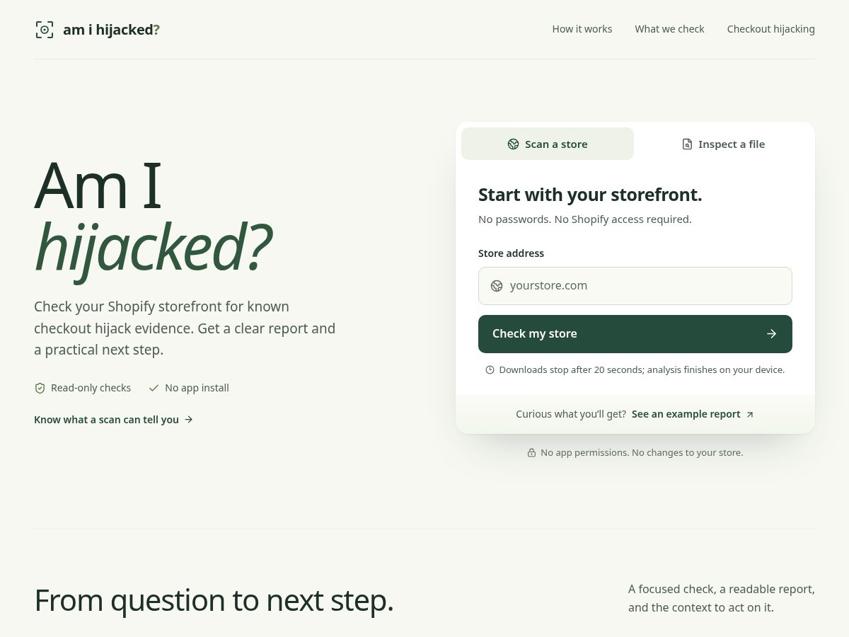 Landing-page snapshot of amihijacked.com