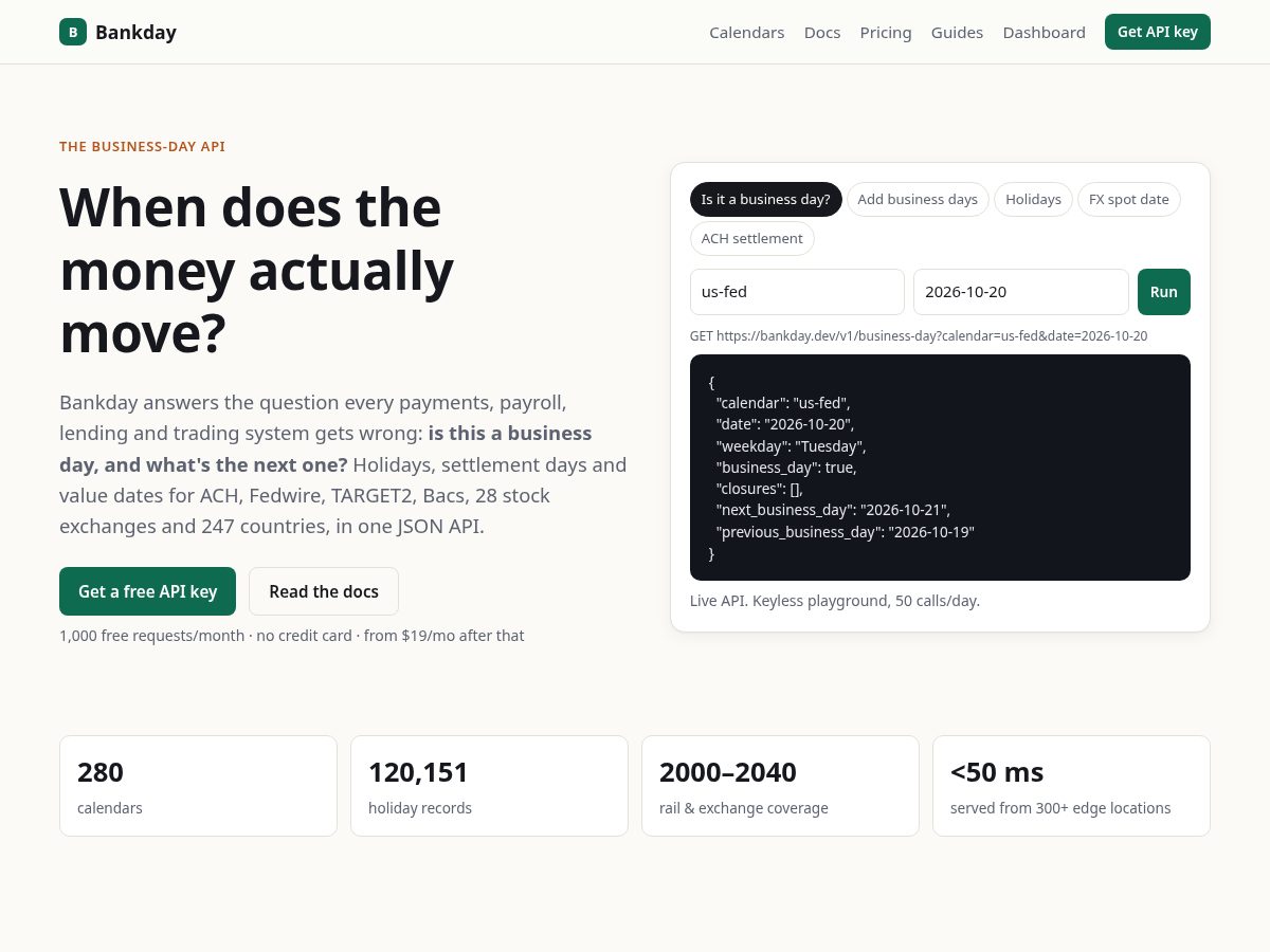 Landing-page snapshot of bankday.dev