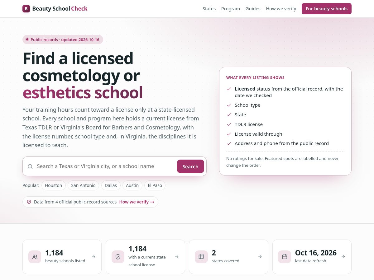 Landing-page snapshot of beautyschoolcheck.com