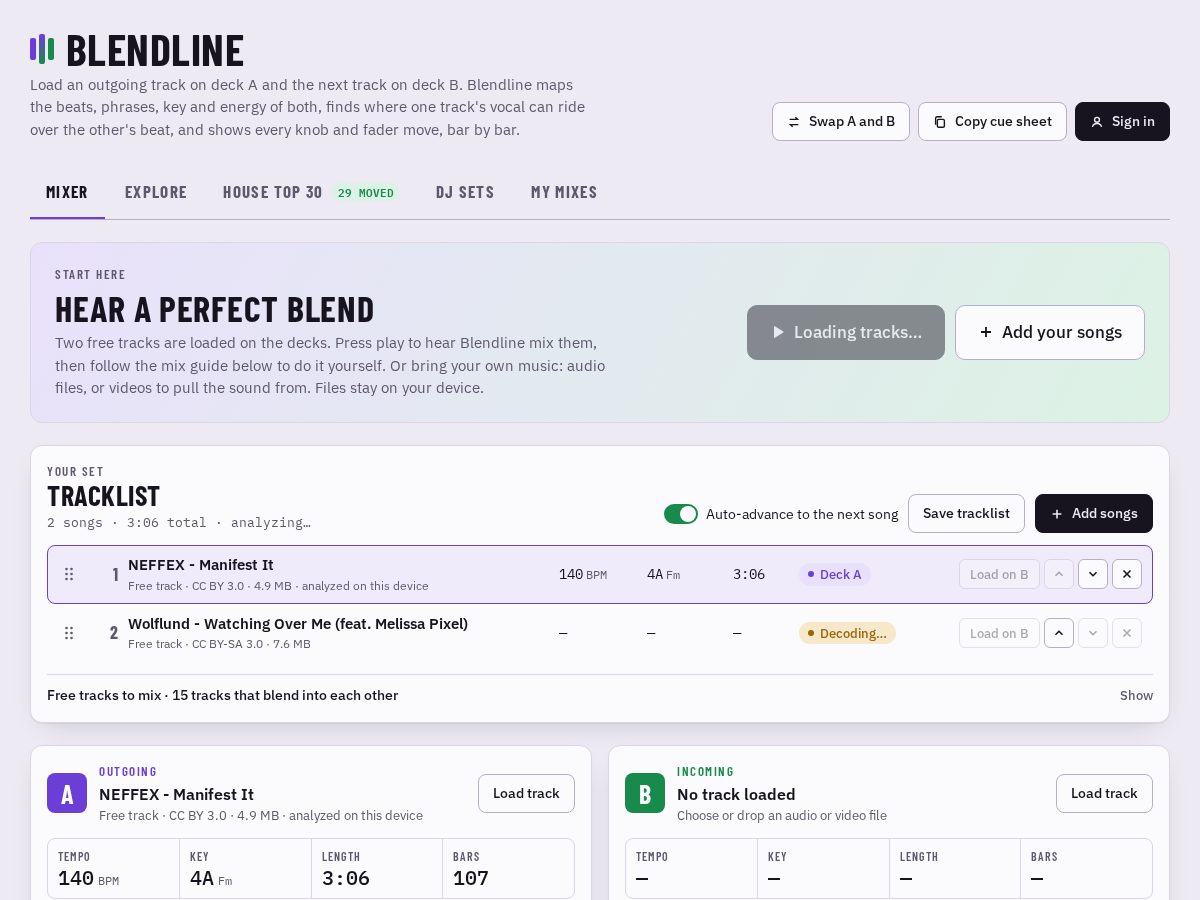 Landing-page snapshot of blendlinedj.com