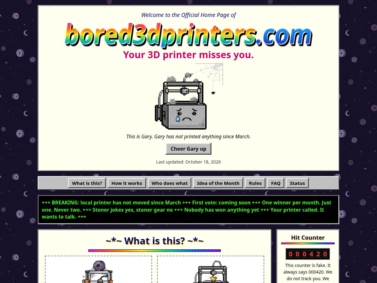 Landing-page snapshot of bored3dprinters.com