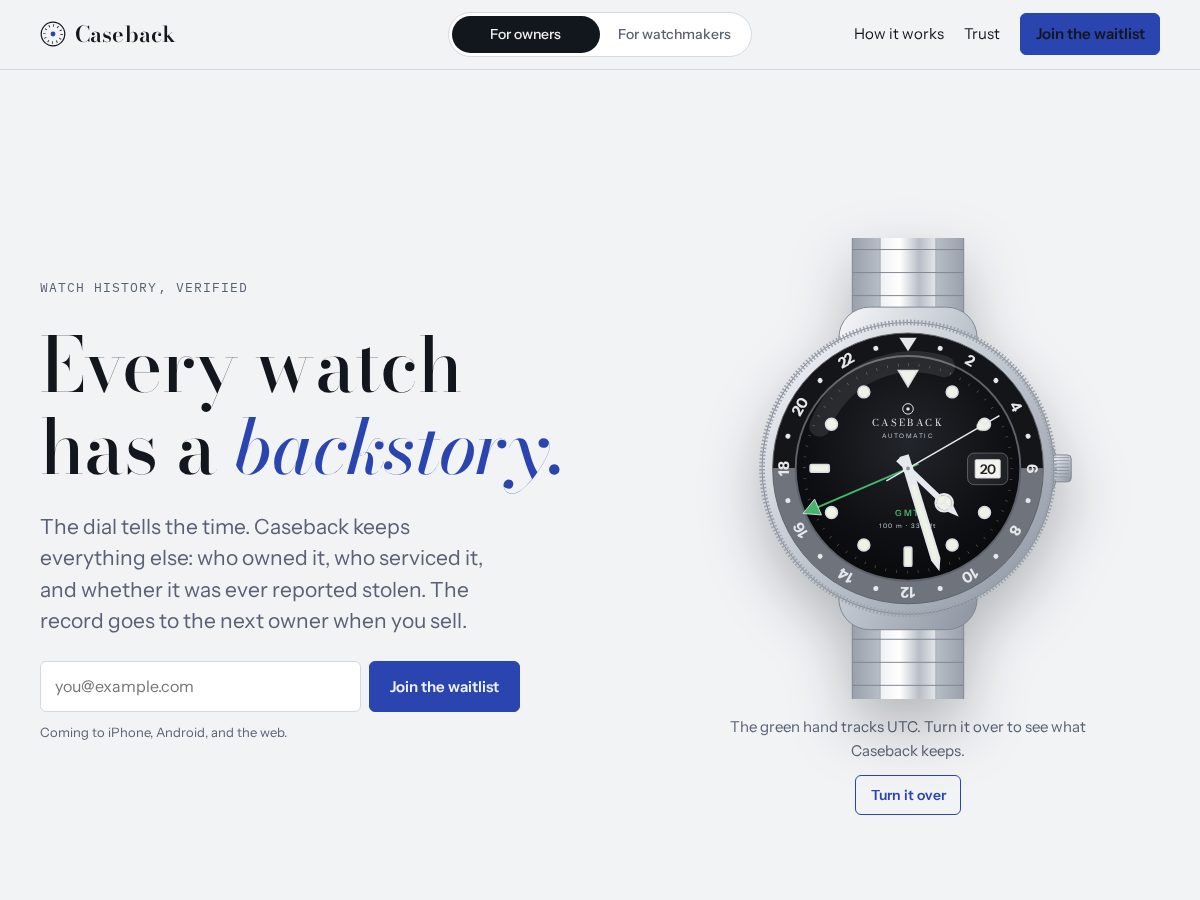 Landing-page snapshot of casebacktime.watch