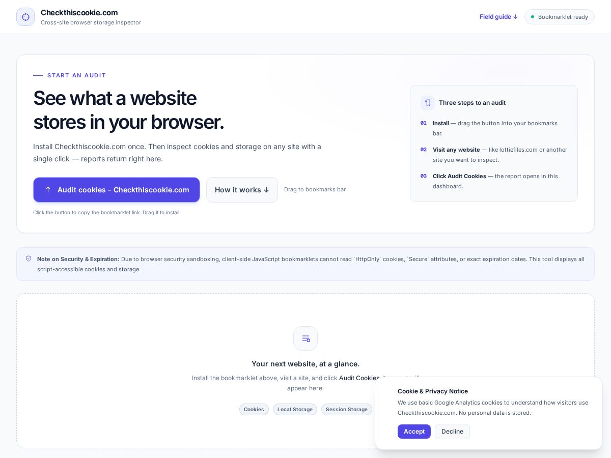 Landing-page snapshot of checkthiscookie.com
