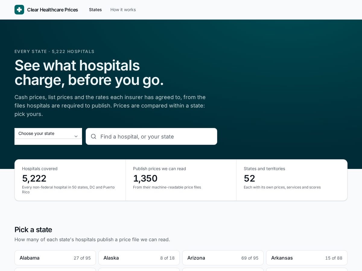 Landing-page snapshot of clearhealthcareprices.com