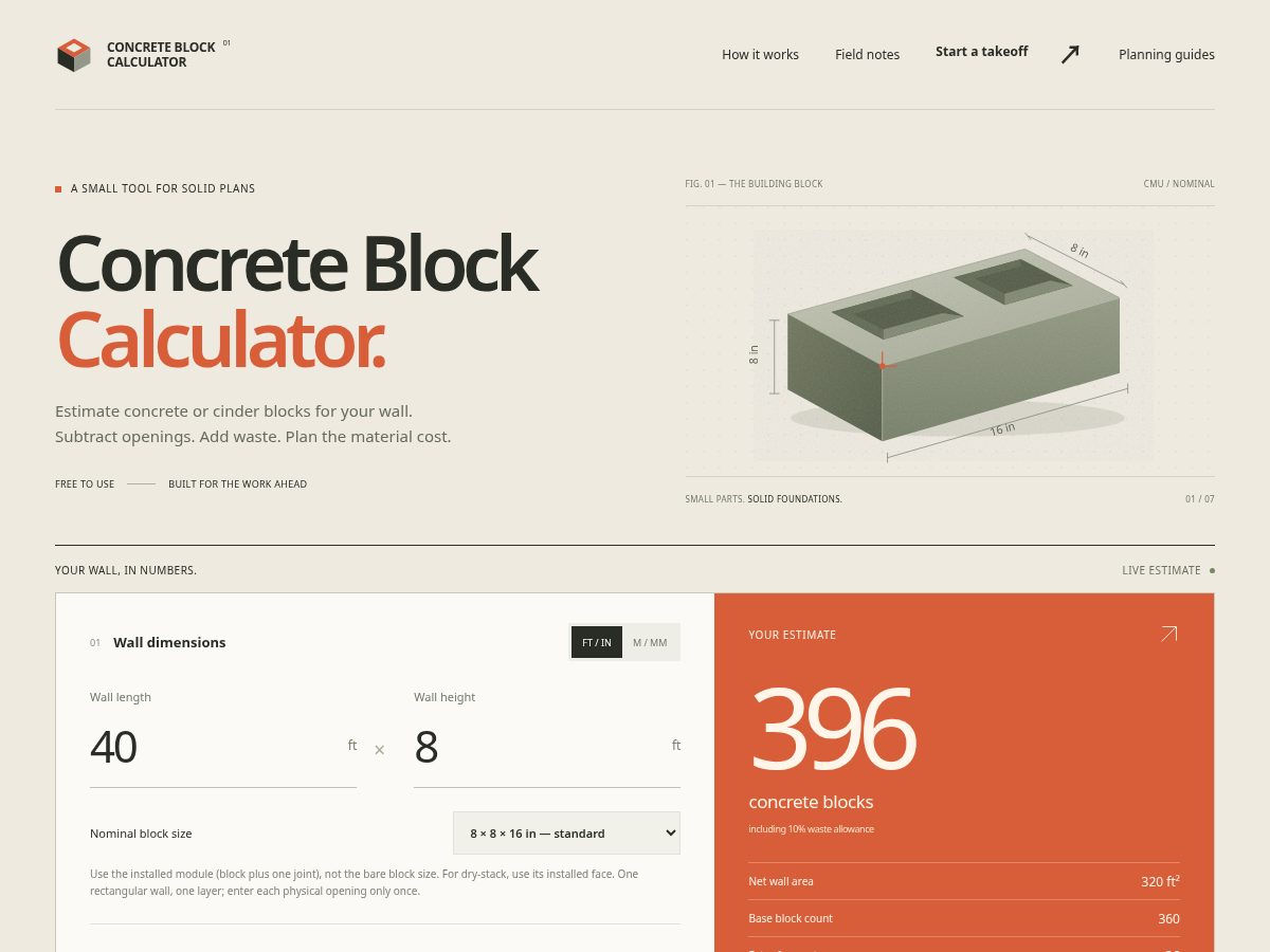 Landing-page snapshot of concreteblockcalc.com